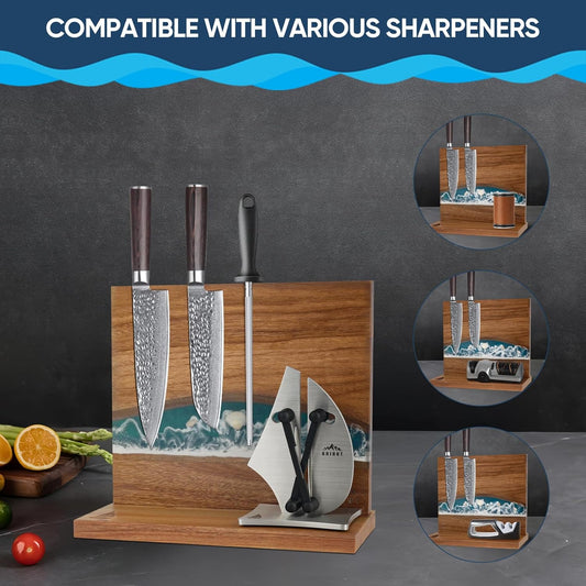 Sea Wave Magnetic Knife Holder, Double-sided Knife Holder, Holds 10 Knives, Wooden Knife Storage Rack, Suitable for Knife-less Tabletops (30.48 x 25.40 cm)