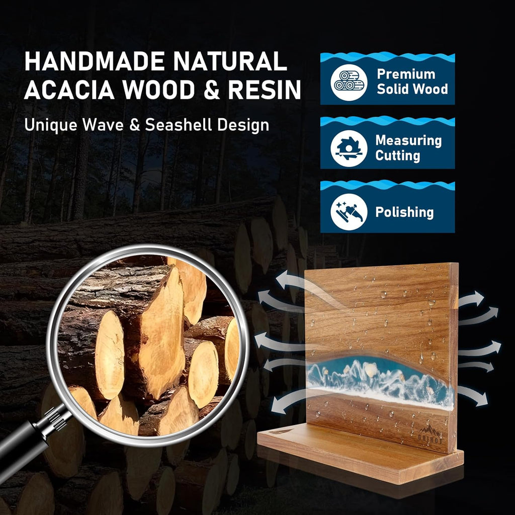 Sea Wave Magnetic Knife Holder, Double-sided Knife Holder, Holds 10 Knives, Wooden Knife Storage Rack, Suitable for Knife-less Tabletops (30.48 x 25.40 cm)