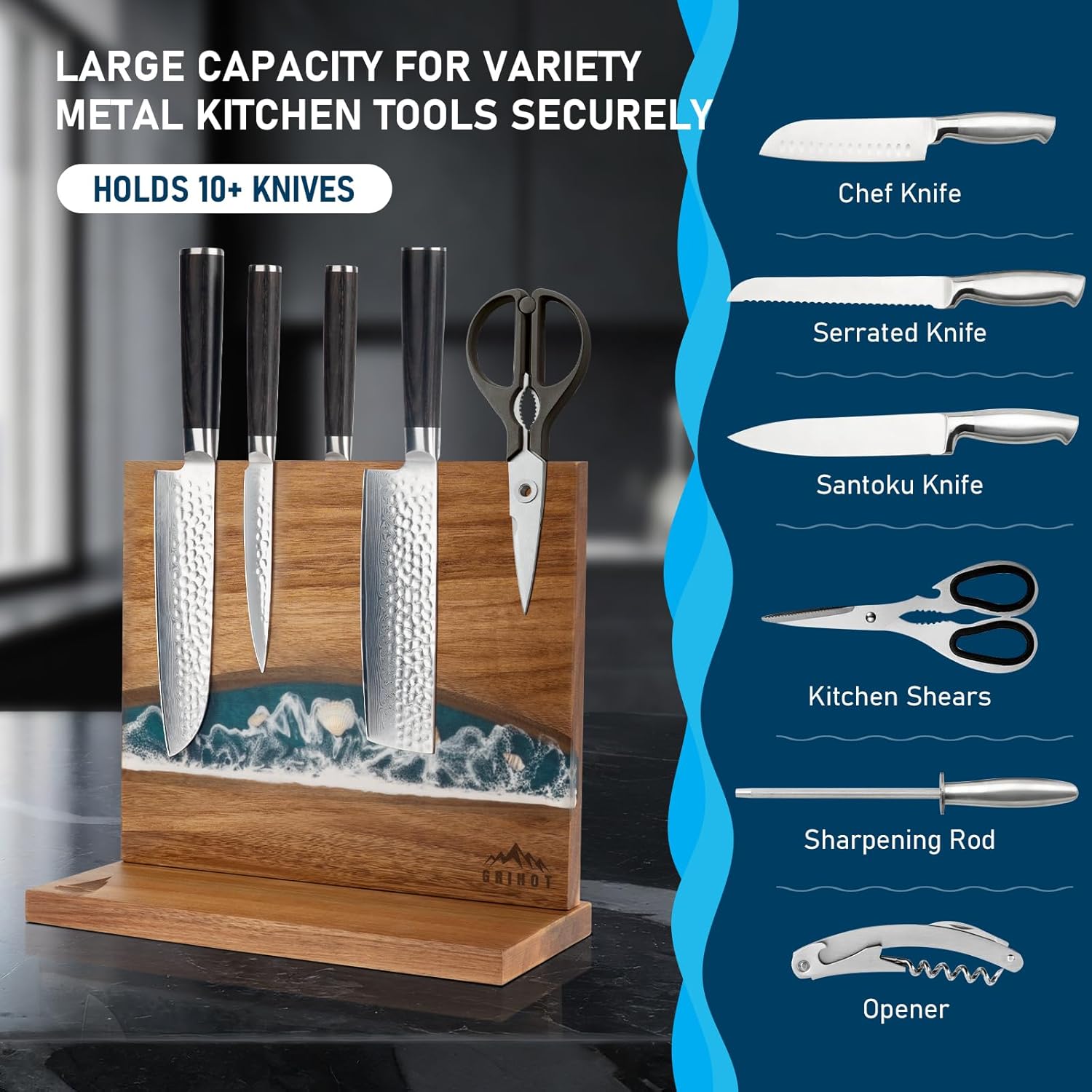 Sea Wave Magnetic Knife Holder, Double-sided Knife Holder, Holds 10 Knives, Wooden Knife Storage Rack, Suitable for Knife-less Tabletops (30.48 x 25.40 cm)