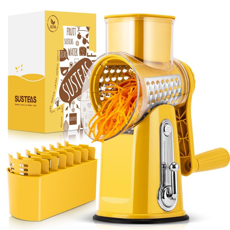 SUSTEAS Rotary Cheese Grater with Handle, 5 Well-Designed Blades, Strong Suction Cup Base, Kitchen Utensils