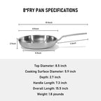 Stainless Steel Frying Pan - 5 Ply Stainless Clad Skillet with Aluminum Core, Durable and Even Heating, Professional Cookware for Induction, All Stoves, Oven and Dishwasher Safe