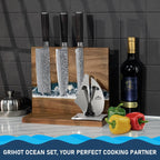 Sea Wave Magnetic Knife Holder, Double-sided Knife Holder, Holds 10 Knives, Wooden Knife Storage Rack, Suitable for Knife-less Tabletops (30.48 x 25.40 cm)
