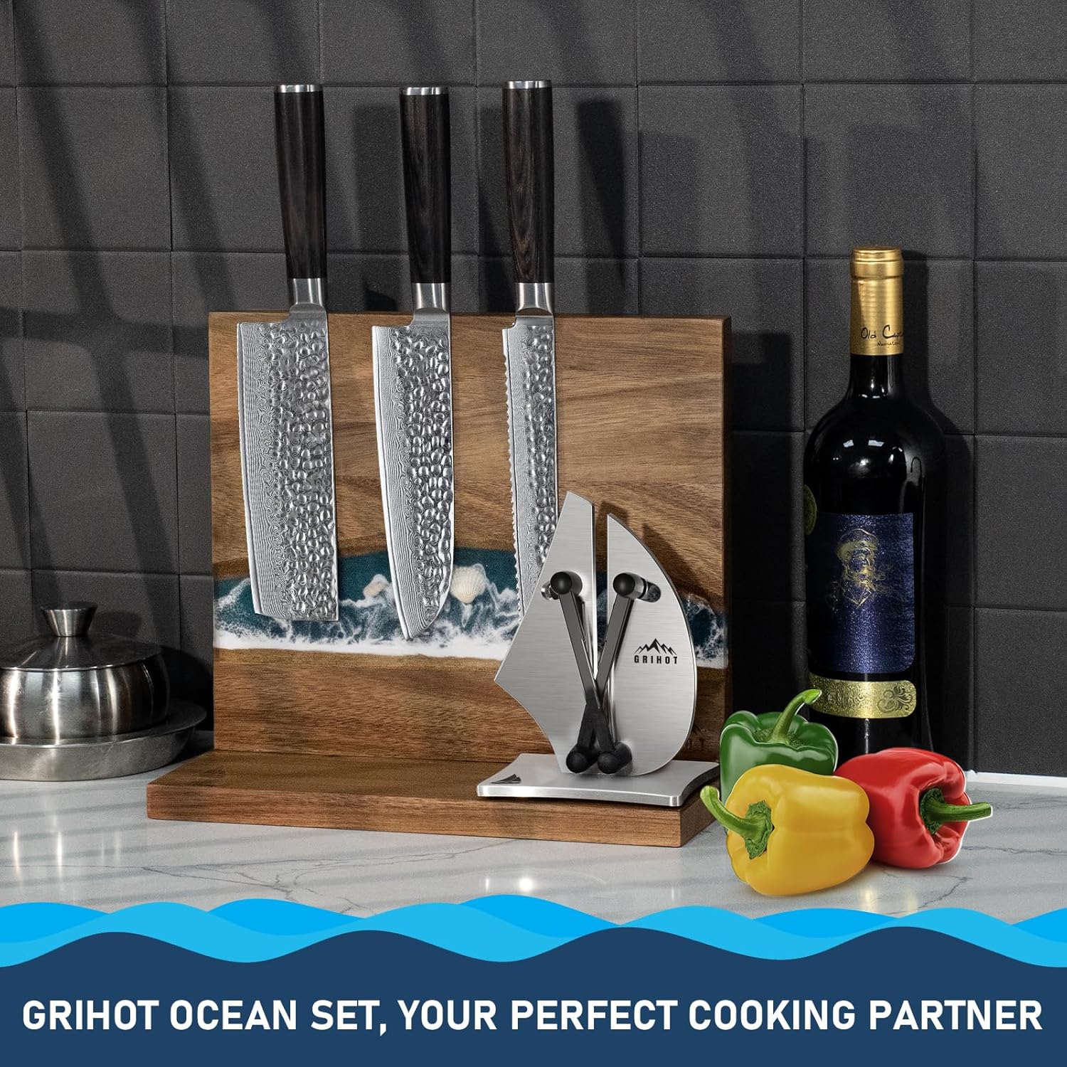 Sea Wave Magnetic Knife Holder, Double-sided Knife Holder, Holds 10 Knives, Wooden Knife Storage Rack, Suitable for Knife-less Tabletops (30.48 x 25.40 cm)