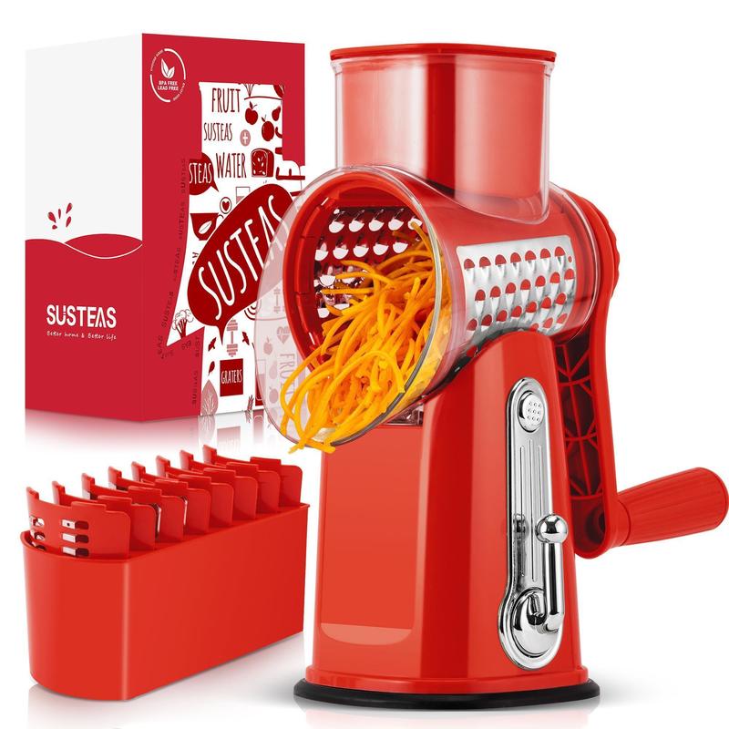 SUSTEAS Rotary Cheese Grater with Handle, 5 Well-Designed Blades, Strong Suction Cup Base, Kitchen Utensils