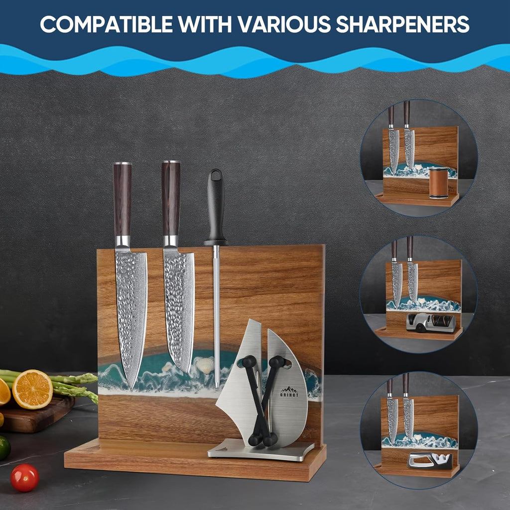 Sea Wave Magnetic Knife Holder, Double-sided Knife Holder, Holds 10 Knives, Wooden Knife Storage Rack, Suitable for Knife-less Tabletops (30.48 x 25.40 cm)